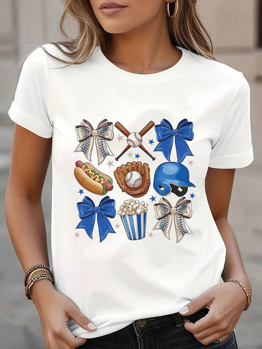 Women's T-shirt Camiseta Casual para Mujer, Cuello Redondo, Manga Corta, Estampado con Elementos de "Baseball Mom", Lavable a Máquina, Ropa Casual con Estampado - Blanco - Ver 1