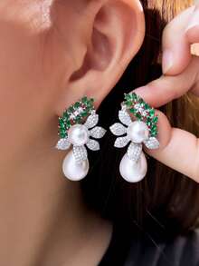 1 Đôi bông tai dáng lá đối xứng, đính đá Cubic Zirconia màu xanh lá cây và ngọc trai dài, sang trọng, cao cấp, thích hợp cho đám cưới, tiệc tùng hoặc đeo hàng ngày dành cho nữ. - màu xanh lá - Xem 9
