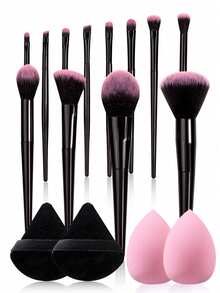 16pcs Makeup Brush Set Series, Essential For Beginners, Multi-Functional Makeup Brushes For Foundation/Blush/Contour/Highlighter/Eyeshadow, Soft Sponge Puff & Makeup Sponge, Dry & Wet Use, Ideal For Beginners - Black - View 1