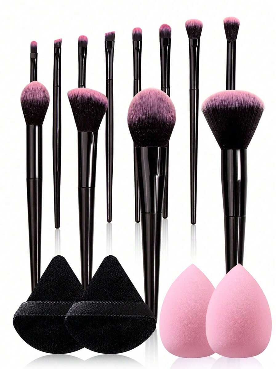16pcs Makeup Brush Set Series, Essential For Beginners, Multi-Functional Makeup Brushes For Foundation/Blush/Contour/Highlighter/Eyeshadow, Soft Sponge Puff & Makeup Sponge, Dry & Wet Use, Ideal For Beginners - Black - View 1