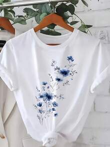 Camiseta de Mujer con Estampado Floral, Diseño Floral Azul, Cuello Redondo Casual, Manga Corta, Moda Primavera Verano Otoño, Camisetas para Damas - Blanco - Ver 1