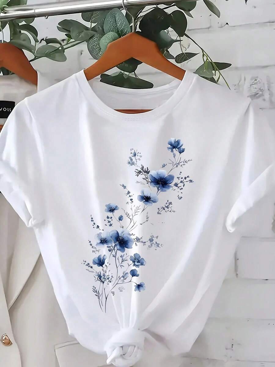 Camiseta de Mujer con Estampado Floral, Diseño Floral Azul, Cuello Redondo Casual, Manga Corta, Moda Primavera Verano Otoño, Camisetas para Damas - Blanco - Ver 1