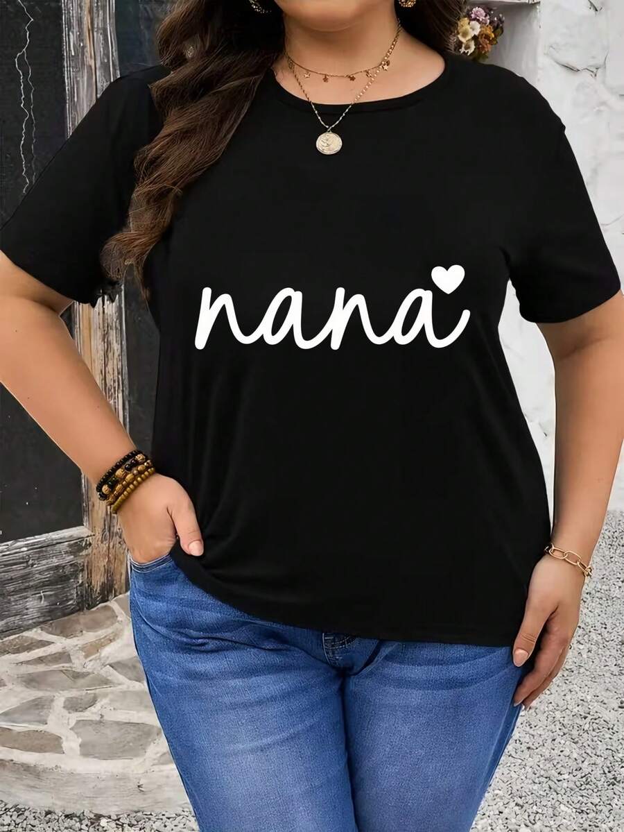 Camiseta negra de mujer Nana con estampado de corazones. Top cómodo y versátil de manga corta. - Negro - Ver 1