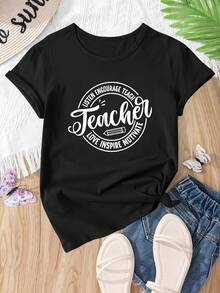 Camiseta Casual de Manga Corta Oversize para el Día del Maestro - Ideal para Verano, Cuello Redondo Transpirable, Ajuste Holgado con Estampado Temático de Profesor, Ropa Educativa Lavable a Máquina (No Secar en Secadora) - Negro - Ver 2