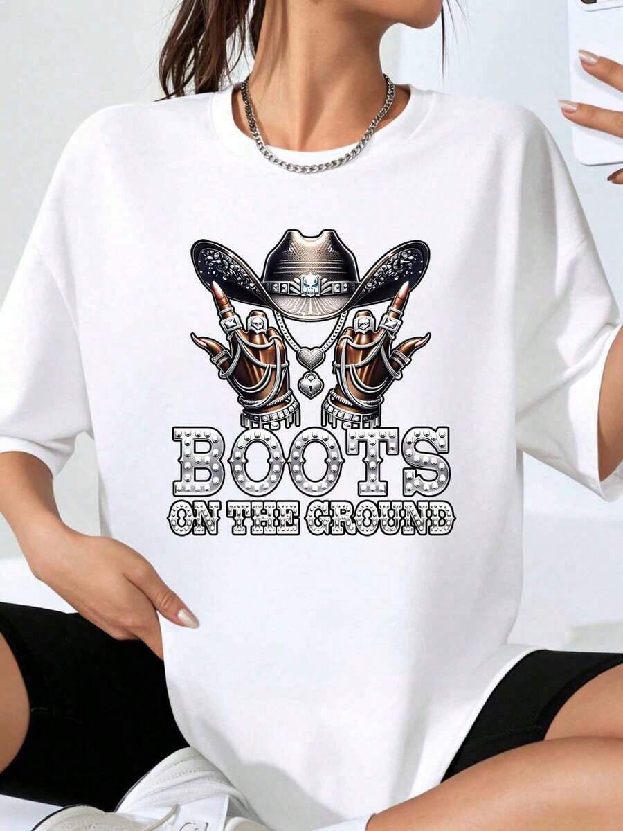 Camiseta Gráfica de Moda Casual para Mujer con Diseño de Sombrero y Botas de Vaquero del Oeste y Pedrería, Corte Holgado - Blanco - Ver 1