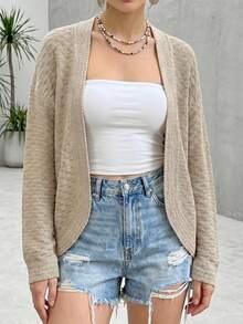 Elegaris Women's Textured Knit Long Sleeve Cardigan, With Open Collar, Regular Length, Slightly Stretchy Fabric, Perfect For Spring And Autumn Wear. - Apricot - View 8