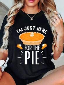 Conjuntos de verano para mujer, camiseta casual 100% algodón, divertida camiseta con la frase "Happy Thanksgiving Food I'm Just Here For The Pie", tops de verano. - Negro - Ver 5