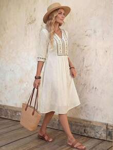 Vestido midi plisado de manga raglán con cuello en V vintage para mujer, verano - Blanco perla - Ver 4