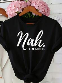 Camiseta de manga corta blanca y negra para mujer, camiseta de cuello redondo, camiseta estampada con diseño para mujer, estilo sencillo, top moderno y transpirable, corte casual, adecuada para uso diario y como regalo de Pascua o Día de la Madre, ideal para primavera y verano. - Negro - Ver 1