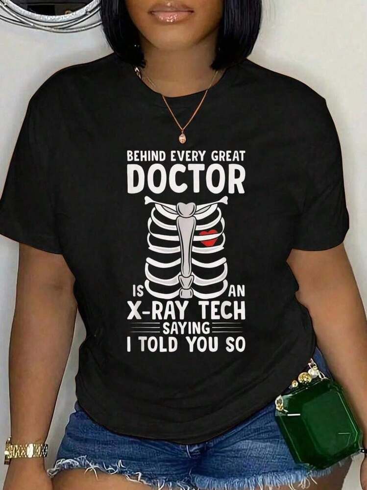 100% Cotton T-Shirt For X-Ray Technicians, Radiology Technicians, Men And Women, Soft, Breathable, Classic, Fashionable, Summer, Printed, Short Sleeve - màu đen - Xem 1