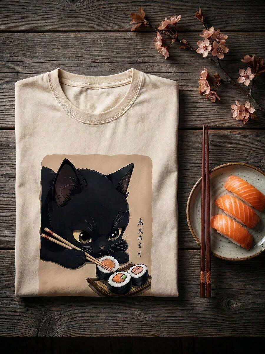 Premium Quality Unisex Casual T-Shirts, Fun, Japanese Style, With A Black Cat Eating Sushi Print, Streetwear, Korean Version, Comfortable, Retro, Fashionable, Versatile, For Work, Y2k Women's Clothing. Short-Sleeved, Crew Neck, Fitted, Black, Niche Punk Style, From The Washed Retro Series, Comfortable, Pure Cotton, Allows You To Easily Create A Casual Retro Style, Suitable For Daily Commute, Casual Outings, Everyday Wear, Classic Retro Women's Clothing. - 杏色 - 查看 1