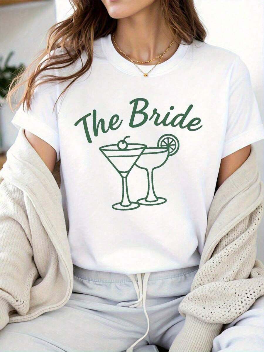 1 pieza Imagen del artículo Camiseta de manga corta para mujer con estampado de cóctel temático de novia (2) 180g 100% algodón, los diseños están completamente impresos. Unisexo. - Blanco - Ver 1