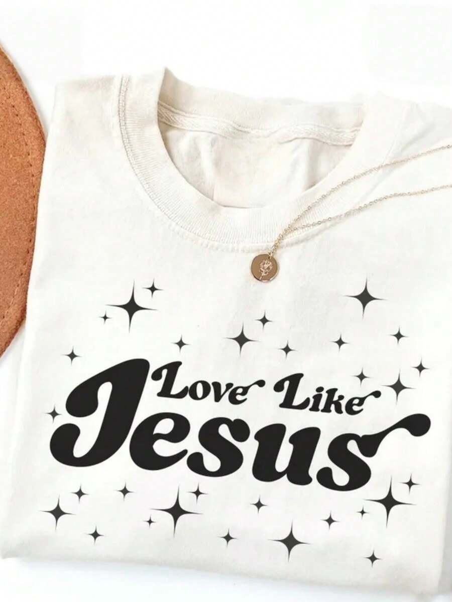 1 camiseta vintage con estampado de estrellas, impresión de fuente ondulada, estilo de fe suave, para uso diario, camiseta casual versátil para mujer, corte casual, transpirable y agradable para la piel, popular para deportes, actividades al aire libre y uso diario, regalo para vacaciones, presente perfecto, 180g 100% algodón. - Blanco - Ver 1