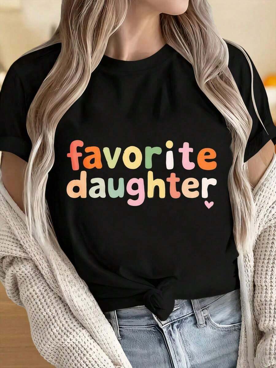 Camisetas para Mujeres y Hombres con Cuello Redondo y Mangas Cortas, Camiseta con Texto Colorido "Hija Favorita" para Mujeres, Camiseta Casual de Cuello Redondo, Idea de Regalo para Hijas y Mamás, Estampados Divertidos Ideales para Fiestas de Navidad, Actividades Deportivas, Fiestas de Vacaciones, Salidas, Deportes y Otros Regalos Festivos. - Negro - Ver 1