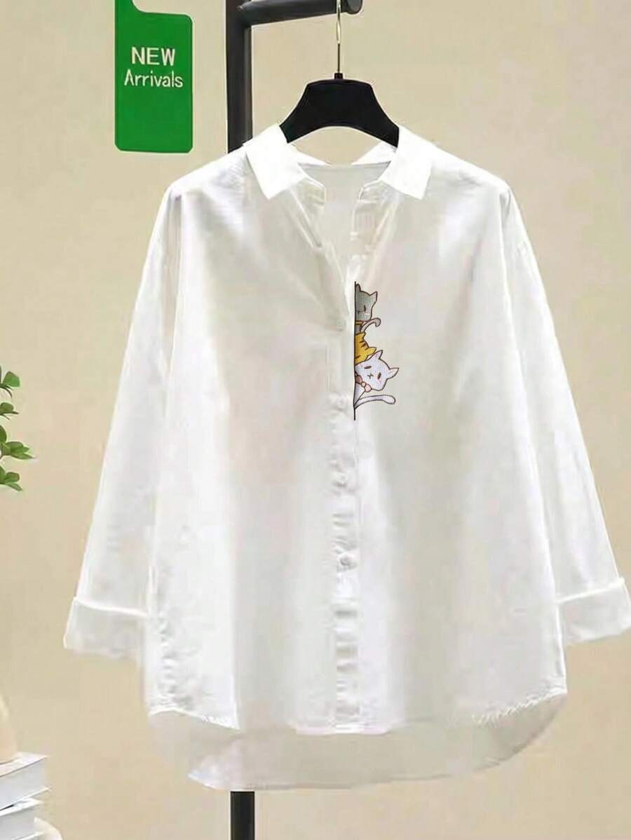 休閒白色女款長袖落肩領襯衫,附可愛貓咪刺繡與不對稱常規下擺 - 白色 - 查看 1