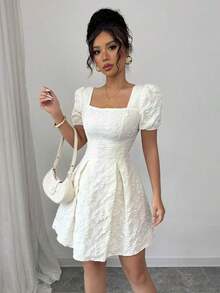 Women's Dress With Puff Sleeves And Square Neck, Fashionable For Summer - 白色 - 查看 4