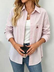 Camisa casual de verano para mujer de unicolor con bolsillo y bordado - rosa claro - Ver 2