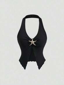 Conjunto de 2 piezas de top corto con escote profundo en V y espalda descubierta, emparejado con falda casual de diseño retro con hebilla de metal para mujeres, para vacaciones y citas, primavera/verano - Negro - Ver 3