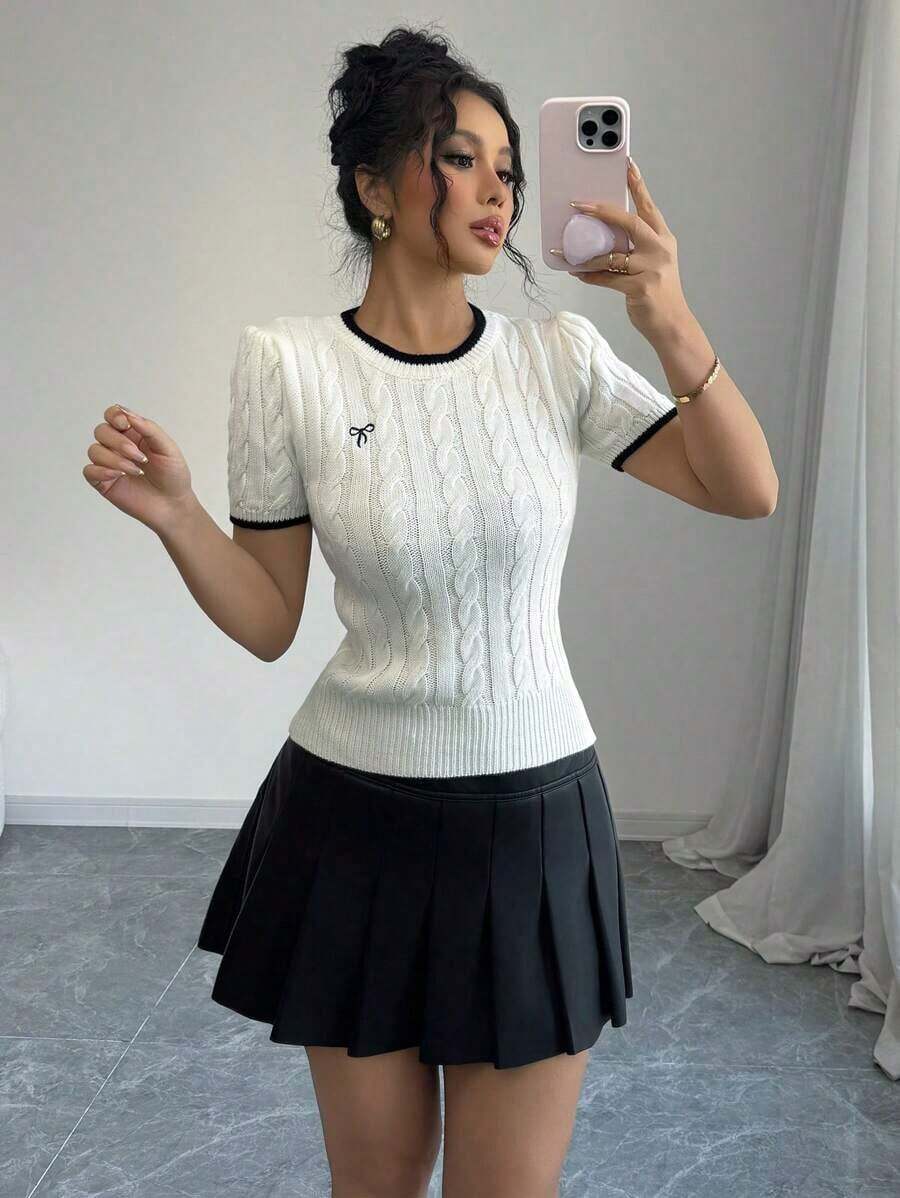 Suéter corto de punto con manga corta para mujer con lazo y adorno contrastante - Blanco - Ver 1