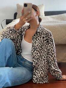 Camisa de mujer de manga larga con hombros caídos y estampado de leopardo de una sola de botones, elegante, para otoño, de moda, para festivales, casual de negocios, blusas de mujer - Multicolor - Ver 3