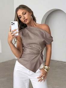 Blusa asimétrica de hombro casual y minimalista de unicolor para mujer - Marrón Mocha - Ver 6