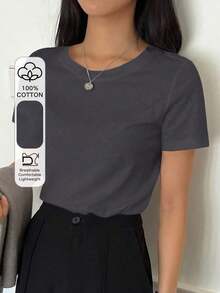 Camiseta Casual De Manga Corta Con Cuello Redondo Y Color Sólido - Gris Oscuro - Ver 1