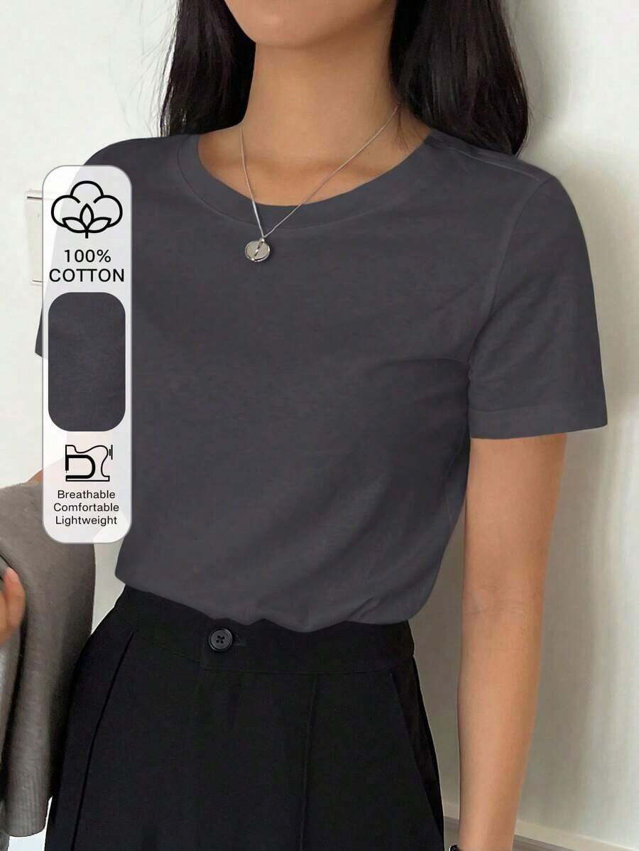 Camiseta Casual De Manga Corta Con Cuello Redondo Y Color Sólido - Gris Oscuro - Ver 1