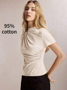Camiseta de manga corta elegante de unicolor para mujer, casual de negocios para damas, maestras, oficina, escuela, top básico - Albaricoque - Ver 5