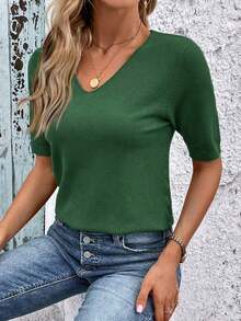 Blusa de punto de manga corta regular con cuello en V casual y versátil - Verde Oscuro - Ver 7