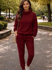 Set Of Pants And Turtleneck Sweater In Mousse Knit Fabric. - Marsala With a Fist - View 1