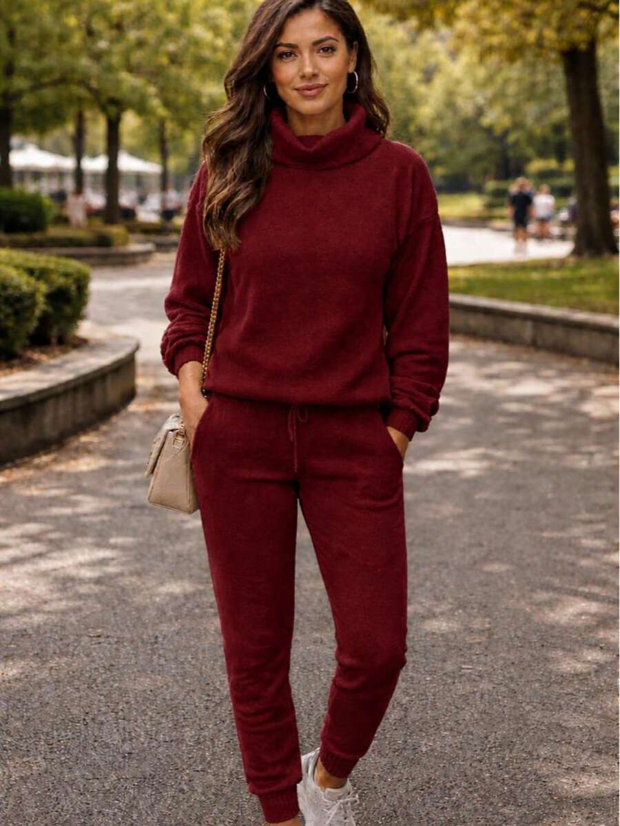Set Of Pants And Turtleneck Sweater In Mousse Knit Fabric. - Marsala With a Fist - View 1