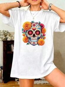 Camiseta de manga corta personalizada con estampado y fondo de color sólido, con modelos básicos y versátiles para el verano, y la versión holgada y ajustada es adecuada para diversas formas corporales. Tela de algodón suave y transpirable, agradable al tacto y transpirable, ideal para el verano, con estampados sencillos y a la moda, duradera, para viajes diarios, caminatas y citas, ocio y uso cotidiano, rentable. - Blanco - Ver 7