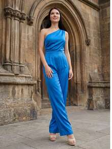 Mono pantalon Elegante fiesta de saten un hombro descubierto estilo sexy sensual, enterizo completo boda dama aniversario cumpleaños formal - Azul - Ver 5