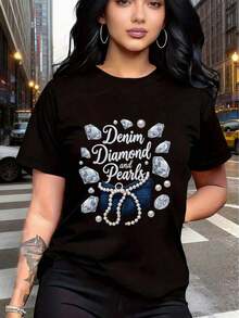 Camiseta de Algodón Estilo Vintage con Estampado de Eslóganes de Lisboa, Casual, Ajustada, Sencilla y Elegante, Camiseta de Mezclilla con Diseño de Diamantes y Perlas, Estampado Unisex Y2K, Mangas Cortas Holgadas, Estilo Neutral, Corte Holgado Casual, Moda Urbana, Ropa de Primavera, Cuello Redondo, Lavable a Máquina, Adecuada para Pascua y el Día de la Madre, para Uso Diario en Verano. - Negro - Ver 3