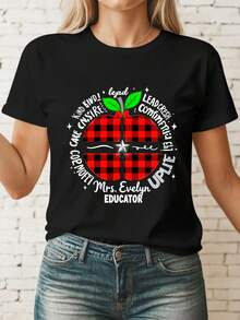 Talla - Talla - Camiseta de estilo casual para mujer, diseño de manzana a cuadros, con frases inspiradoras para maestros, perfecta para eventos y otoño, un regalo para educadores y maestros - Camiseta unisex de algodón suelto de manga corta y cuello redondo, estilo vintage urbano. - Negro - Ver 1