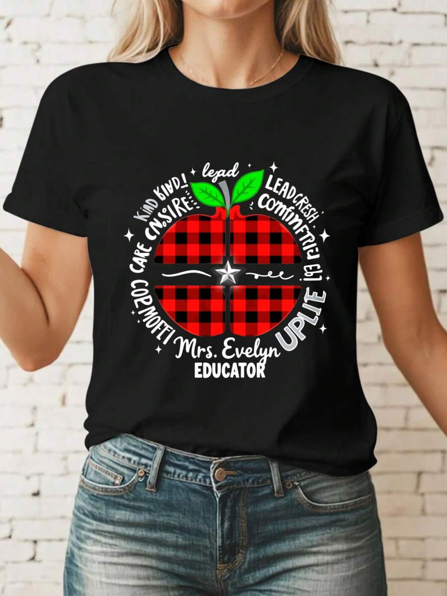 Talla - Talla - Camiseta de estilo casual para mujer, diseño de manzana a cuadros, con frases inspiradoras para maestros, perfecta para eventos y otoño, un regalo para educadores y maestros - Camiseta unisex de algodón suelto de manga corta y cuello redondo, estilo vintage urbano. - Negro - Ver 1