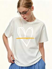 Camiseta de manga corta para mujer de 180g, corte holgado informal, estampado de corazones, top de verano, adecuada para uso diario, reuniones familiares, actividades de building en la oficina y como regalo - Camiseta unisex de algodón holgada de manga corta y cuello redondo estilo vintage urbano. - Blanco - Ver 7