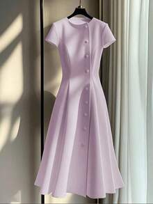 Vestido elegante de verano para damas, de estilo retro, elegante, con botones, intelectual y casual - Morado - Ver 1