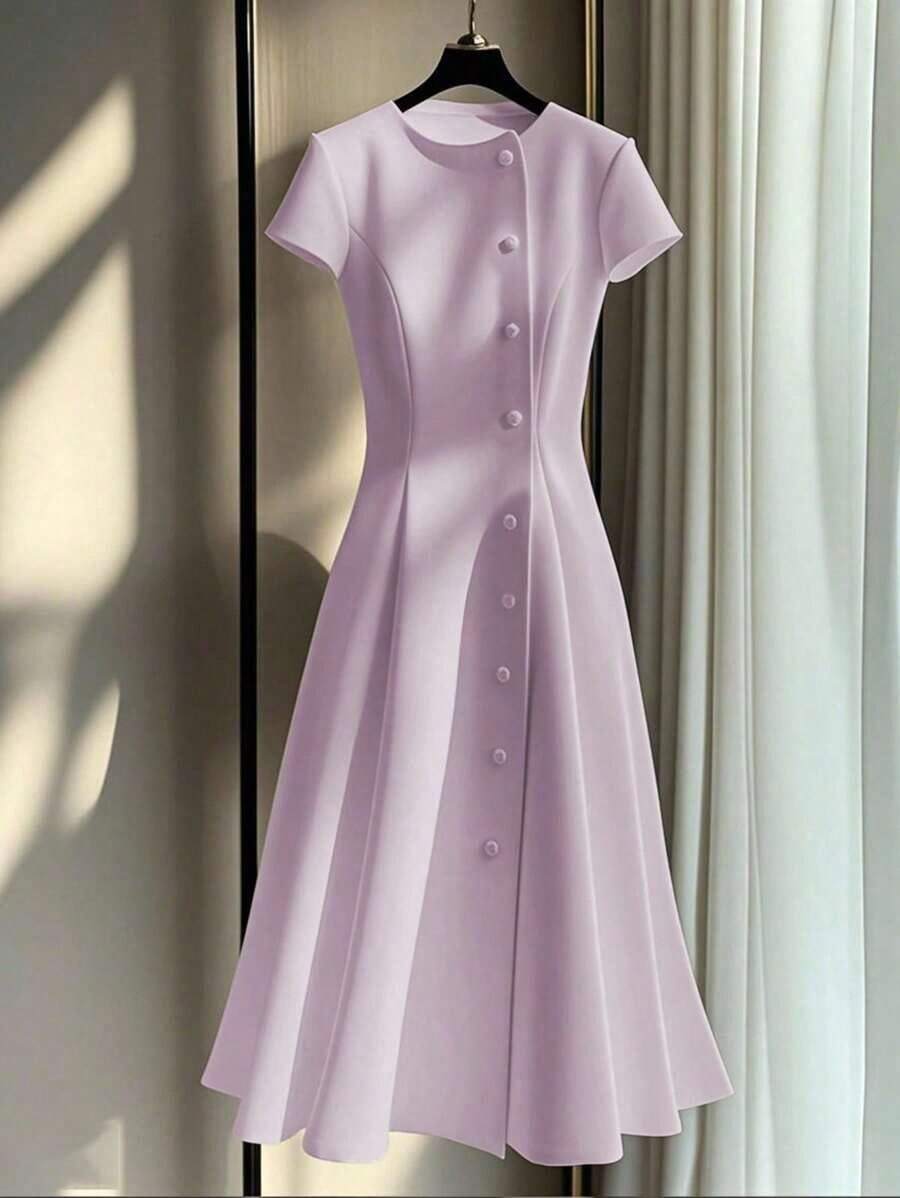 Vestido elegante de verano para damas, de estilo retro, elegante, con botones, intelectual y casual - Morado - Ver 1