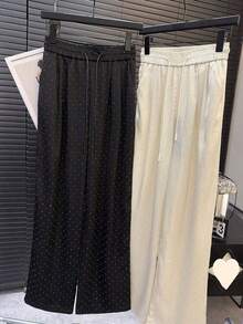 Pantalones rectos de cintura alta con goma elástica de satén, con brillos y anudado a la cintura - Beis - Ver 2