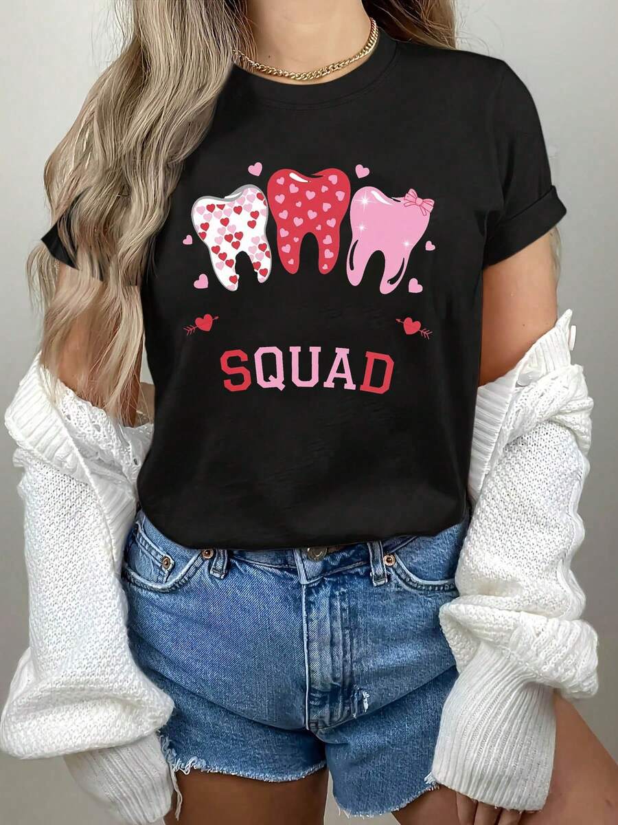 El ambiente lindo y profesional de los profesionales dentales se realza con corazones y dientes con lazo. Camiseta de moda casual para mujer con estampado "SQUAD", cuello redondo, para primavera-verano, ideal para uso diario.