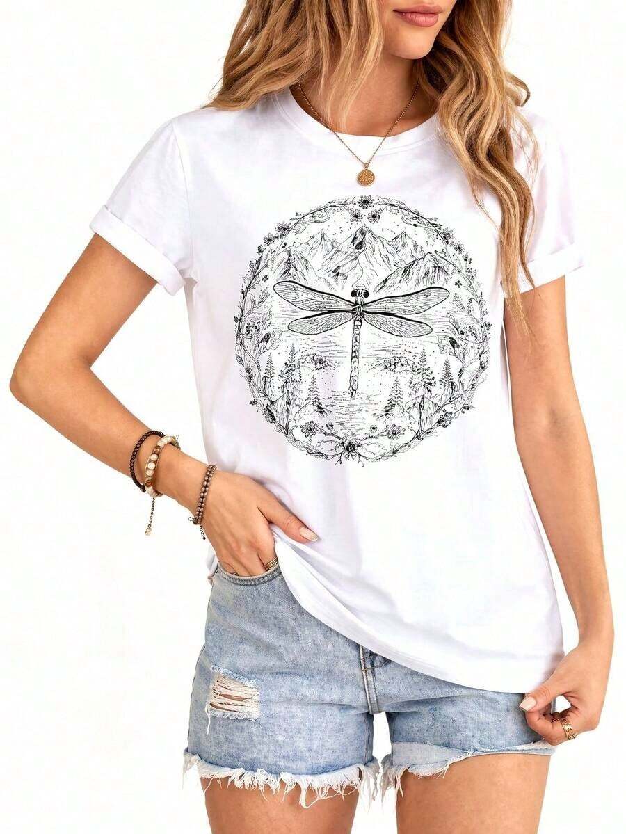 Camiseta Vintage con Estampado Floral de Libélula para Mujer, Camiseta con Gráficos de Montaña y Naturaleza Estilo Boho, Top Casual de Verano de Manga Corta con Cuello RedondoSuitable for spring, summer and autumn - Blanco - Ver 1