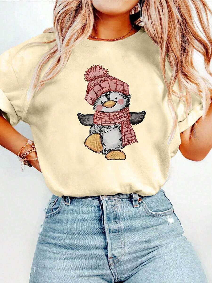 Linda camiseta casual de manga corta con cuello redondo y estampado de pingüino para mujer, perfecta para primavera y verano. Adecuada para primavera, verano y otoño. - Albaricoque - Ver 1