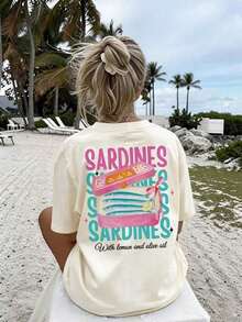 Camiseta de manga corta con cuello redondo y estampado de sardinas, talla grande, de alta elasticidad, corte regular, estilo casual de verano, 100% algodón. - Albaricoque - Ver 4