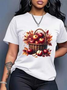 Camiseta casual blanca de talla para mujer, estampada con motivos de la cosecha otoñal (manzanas, cuadros y hojas caídas) - Camiseta de manga corta y cuello redondo de corte holgado para primavera y verano, con tela transpirable adecuada para uso diario, picnics y atuendos de Acción de Gracias - Camiseta unisex de algodón de manga corta y cuello redondo de estilo vintage urbano. - Blanco - Ver 1