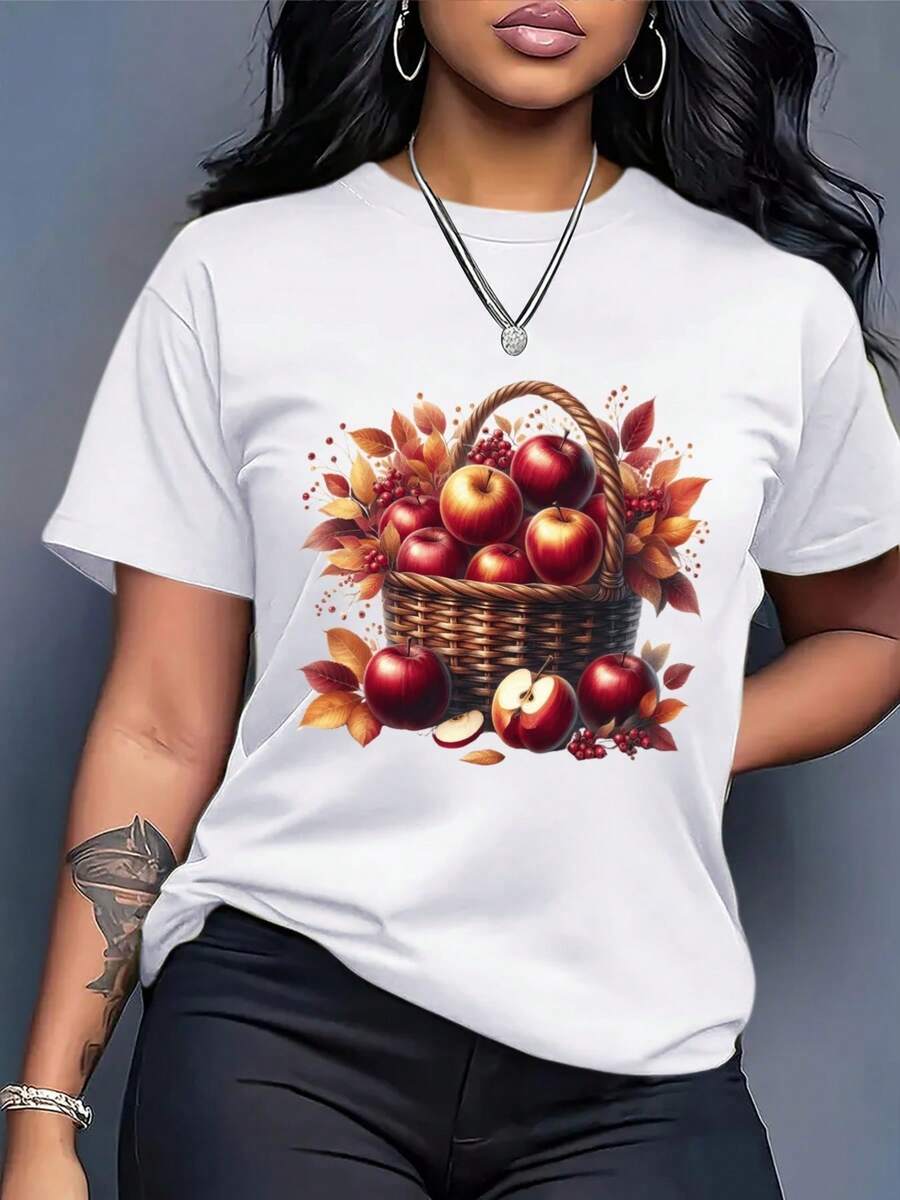 Camiseta casual blanca de talla para mujer, estampada con motivos de la cosecha otoñal (manzanas, cuadros y hojas caídas) - Camiseta de manga corta y cuello redondo de corte holgado para primavera y verano, con tela transpirable adecuada para uso diario, picnics y atuendos de Acción de Gracias - Camiseta unisex de algodón de manga corta y cuello redondo de estilo vintage urbano. - Blanco - Ver 1