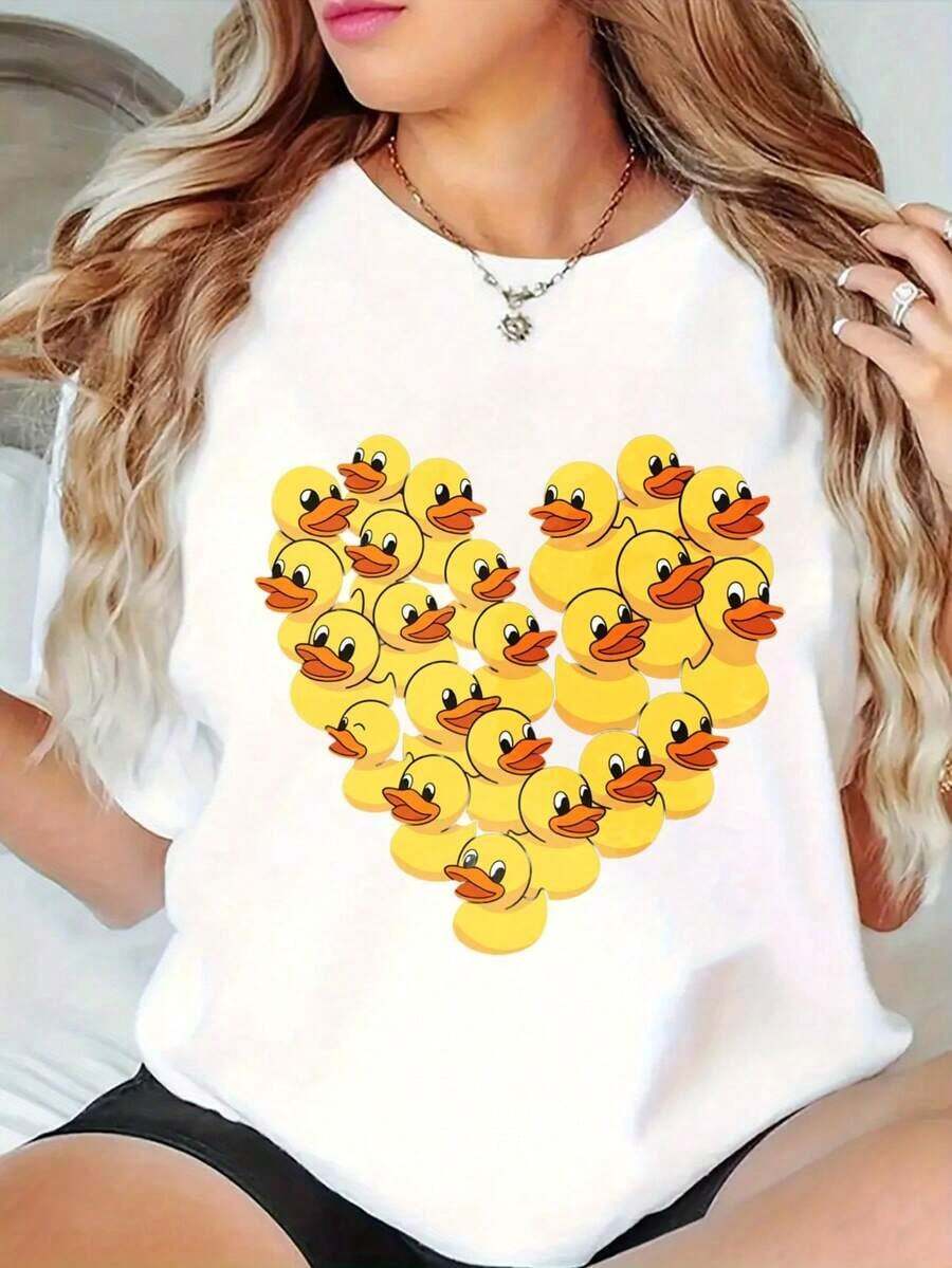 Camisetas Gráficas de Cuello Redondo Extra Grandes para Mujer, Camiseta 100% Algodón, Estampado de Pato en Forma de Corazón, Ropa Casual, Tops Holgados de Manga Corta para Primavera, Camisetas Básicas de Moda de Verano, Regalo de Ropa para Mujeres |     Diseño exquisito |     Suelto y cómodo |     Fácil de combinar | - Blanco - Ver 1