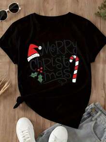 Camiseta Navideña para Mujer con Estampado de Gorro de Papá Noel y Bastón de Caramelo, Estilo Vintage Urbano, Unisex, de Algodón, Manga Corta, Cuello Redondo, 100% Algodón - Negro - Ver 4