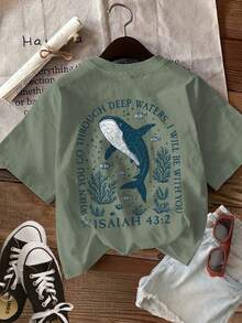 [Double-Sided Printing] Women's Summer Casual T-Shirt, Vintage Style, With Whale Print, Seaweed And "WHEN YOU GO THROUGH DEEP", Round Neck, Pure Cotton Short Sleeve T-Shirt, Comfortable And Soft, Cotton T-Shirt For Everyday Wear. - 軍綠色 - 查看 2