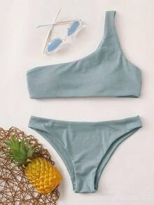 Nuevo conjunto de bikini de dos piezas para mujer, sexy, de un solo hombro, con textura acanalada y estilo deportivo. - Blanco - Ver 5
